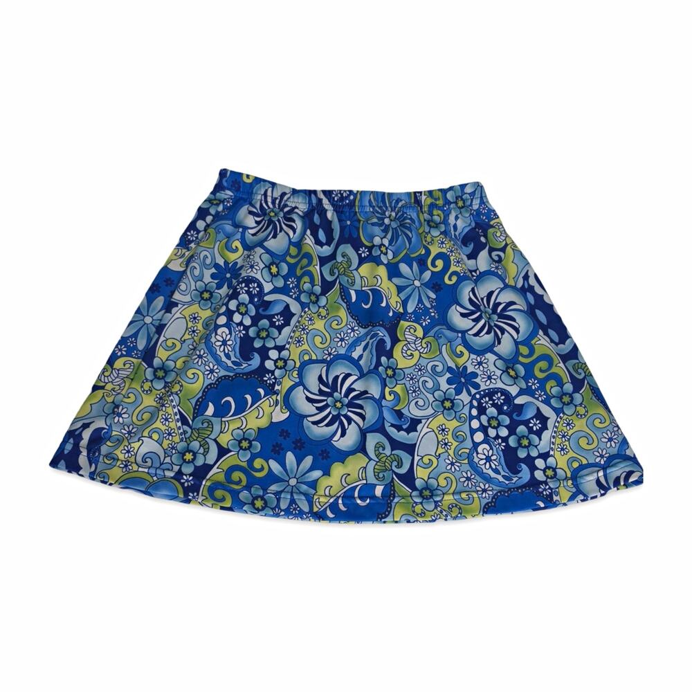 Y2K Psychedelic Floral Mini Skirt Retro 60s 70s Blue Paisley Groovy XS Made USA